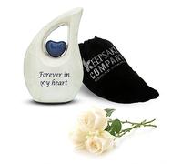 KEEPSAKE COMPANY Piccole urne a goccia per ceneri umane Mini urna con cuore blu Ricordo di cremazione per ceneri con sacchetto di velluto premium, bianco con cuore blu