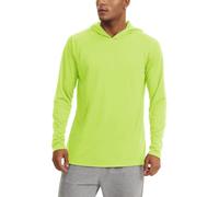 KEFITEVD - Felpa da uomo con protezione solare UV UPF 50+, a maniche lunghe con cappuccio e foro per il pollice, ad asciugatura rapida, funzionale per pesca ed escursionismo, Verde fluorescente., L