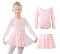 Kefiyis Body da Danza per Bambine a Maniche Lunghe Vestito da Danza in Cotone Body da Danza con Gonna Costume da Ballerina Completo per 3-11 Anni, rosa, 150