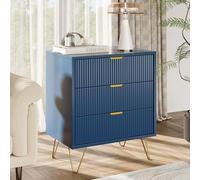 KEFSR Comò in legno con 3 cassetti e maniglie dorate, cassettiera per camera da letto, piccola scanalatura, blu navy, 3 cassetti