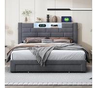 KEFSR Letto imbottito da 140 x 200 cm con presa USB e luce LED, con testiera e spazio di archiviazione, con 4 cassetti, moderno telaio per letto giovanile. (Grigio, 140 x 200)