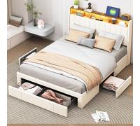 KEFSR Letto matrimoniale 140x200 cm beige in velluto, con LED e porte USB/Type-C, 4 cassetti, contenitore sottoletto, testiera con ripiani, Non incluso il materasso (Beige-A, 140x200cm)