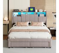 KEFSR Letto matrimoniale 140x200 cm grigio in lino, con LED e porte USB/Type-C, 4 cassetti, contenitore sottoletto, testiera con ripiani, Non incluso il materasso (Grigio, 140x200cm)