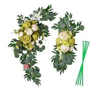KEFSR Set di 2 Fiori per Arco Nuziale, Composizione Floreale Ad Angolo con Rose, Peonia, Eucalipto, Erba di Pampa, per Cartello di Benvenuto, Addio al Nubilato, Decorazioni per la Casa(Verde)