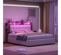 KEFSR Struttura letto a LED, 140 x 200 cm, con rete a doghe, testiera imbottita con funzione di ricarica wireless e ricarica USB, spazio di archiviazione, senza molle (140 x 200 cm)
