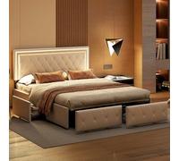 KEFSR Struttura letto con 4 cassetti, telaio letto imbottito con contenitore e luci a LED, 160 x 200 cm, letto moderno, non necessita di molle (PU bianco, 160 x 200 cm)