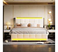 KEFSR Struttura letto imbottita in lino, 140 x 200 cm, con 4 cassetti, supporto a doghe in legno con luci a LED, testiera regolabile (beige, 140 x 200 cm)