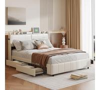 KEFSR Struttura per letto matrimoniale imbottita bianca con 4 cassetti, 160 x 200 cm, struttura letto a doghe in legno con testiera in ecopelle, senza bisogno di molle