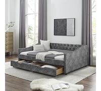 KEIKI Divano letto imbottito con 2 cassetti e testiera, stile metà secolo trapuntato, con bottone sul retro, facile da montare, non richiede molle, per soggiorno e camera da letto, grigio