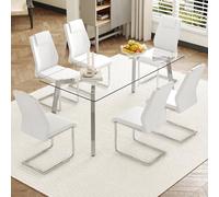 KEIKI Set di tavolo da pranzo moderno per 6 persone, 7 pezzi, tavolo moderno con piano in vetro temperato e 6 sedie con schienale allargato in poliuretano con gambe ad arco, facile da montare, per