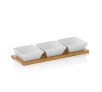 Kela 12261, Set tavoletta in bambù, 4 Pezzi, Ciotoline quadrate, Porcellana, Dim. totali 33 x 12 x 5, Philipa, Bianco, Porcelain, White, 33.5 x 12 x 5 cm