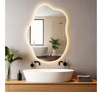 Keleef Specchio da parete con illuminazione, 70 x 50 cm, design a nuvola con luce a 3 colori e display del tempo, anti-appannamento, illuminazione intelligente dimmerabile, per montaggio a parete in