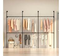 KELIXU Industrial Pipe Clothing Rack Height Adjustable Garment Rack for Hanging Clothes, Heavy Duty Iron Clothes Rack with Double Rods, Wall Mounted Walk in Closet Systems (Three, Black)