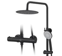 Kelleria Colonna Doccia con Miscelatore Termostatico Nero, Blocco di Sicurezza a 38°C, Miscelatore Doccia, Set Completo in Acciaio Inox con Soffione e Doccetta, Asta Doccia Regolabile e Rubinetto