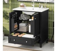 Kelodan Armadietto da bagno bianco, 73 x 46 x 87 cm, gambe in legno massiccio, materiale MDF, resistente all'umidità e impermeabile, ampio spazio, lavabo in ceramica integrato, facile da pulire, nero.