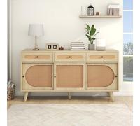 Kelodan Credenza in legno, 140 cm, con porta a doghe in plastica PE e ripiani regolabili, 3 cassetti, 3 ante scorrevoli