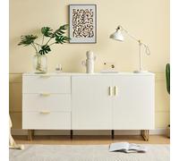 Kelodan Credenza moderna con due ante e tre cassetti, elegante mobile in MDF con lega di alluminio dorata e robuste gambe in acciaio, elegante spazio per soggiorno e sala da pranzo, bianco