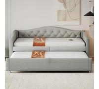Kelodan Divano letto imbottito 90 x 200 cm allungabile con porta USB, forma classica con bottoni con rete a doghe, letto multifunzione, letto per gli ospiti in tessuto di lino grigio (materasso non