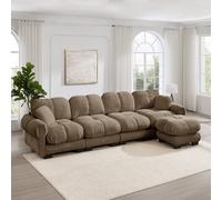 Kelodan Divano modulare per soggiorno a forma di L, in ciniglia, 4 posti, con pouf mobile, design trapuntato fine, morbido e di supporto, schienale ergonomico, facile da montare, marrone