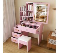 Kelodan Elegante Toeletta Trucco 2 in 1 con Sgabello e Specchio, Set Tavolo Trucco, Specchio con Luce a 3 Colori, 4 Cassetti, Postazione Trucco Bambina da Camera da Letto, Rosa