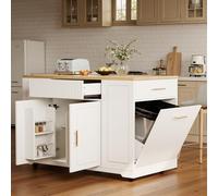 Kelodan Isola da cucina con ruote, 120 x 50 x 92 cm, con scomparto per rifiuti, 2 ante e 3 cassetti, senza pattumiera, ideale come isola da cucina mobile, carrello da portata o credenza