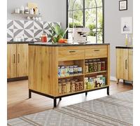 Kelodan Isola da cucina in stile rustico con 2 cassetti, 4 ripiani aperti, venature del legno di quercia, piano di lavoro in marmo nero, struttura in metallo, retro con area bar, 120 x 75 x 90 cm