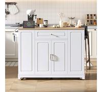 Kelodan Isola della cucina con ruote e sala da pranzo estraibile, cassetti multifunzione e vano porta rifiuti, isola mobile della cucina ideale per cucina e sala da pranzo (bianco)