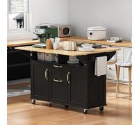 Kelodan Isola della cucina con ruote, tavolo da pranzo allungabile, isola della cucina mobile con cassetti e portasciugamani, carrello da cucina mobile con ciabatta (nero)