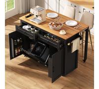 Kelodan Isola della cucina su ruote, sala da pranzo allungabile con piano di lavoro e vano contenitore per rifiuti, mobile autoportante con prese, ideale per cucina e sala da pranzo (nero)
