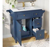 Kelodan Lavabo da bagno in ceramica liscia, altezza 86 cm, con cassetti estraibili e portasciugamani, blu