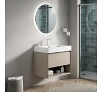 Kelodan Lavabo da bagno LUZ 70 cm bianco rettangolare in resina, armadio in compensato con cassetto e ripiano aperto, premontato, rovere chiaro venature del legno colore