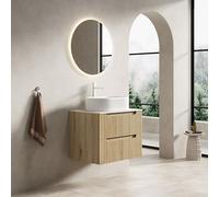 Kelodan Lavabo da bagno sospeso 60 cm con lavabo ovale bianco, pannello sinterizzato travertino, armadietto in compensato a righe con 2 cassetti, pre-assemblato, colore rovere bianco venature di legno