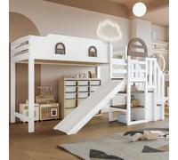 Kelodan Lettino a castello, 90 x 200 cm, con finestra, con scivolo per bambini, scale con corrimano, con 2 armadietti nelle scale, design versatile, ampio spazio di archiviazione, pino+MDF, bianco+