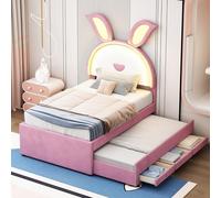 Kelodan Lettino imbottito per bambini, 90 x 200 cm, in tessuto di velluto, multi-funzionale, imbottito, con cassetto portaoggetti e luce LED che cambia colore, colore rosa