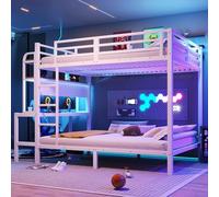 Kelodan Letto a castello 140 x 200 cm con telaio in ferro, vano portaoggetti, scrivania, striscia luminosa a LED, porta USB, ringhiera di sicurezza e scala, senza materasso, bianco