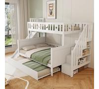 Kelodan Letto a castello 90 x 200/140 x 200 cm, legno massello con scivolo, scaffale e gradini di sicurezza, letto a rotelle e rete a doghe, bianco