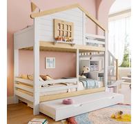 Kelodan Letto a castello, 90 x 200 cm, sponda per letto, letto estensibile, scala portaoggetti, finestra, listello per casa, bianco + naturale