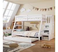 Kelodan Letto a castello con letto ribaltabile, 90 x 190 cm, con cabinet e corrimano, con griglia di protezione contro le cadute su tutti i lati, pino+MDF, bianco, 90/120 x 200 cm