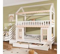Kelodan Letto a castello da 90 x 200 cm, a forma di casa, armadietto laterale con scala, 2 cassetti, finestre decorative in legno e modanature, pino + MDF, bianco + naturale