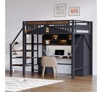 Kelodan Letto a soppalco in metallo, 140 x 200 cm, con scala di sicurezza, struttura unica con design della finestra, molto spazio sotto il letto, nero