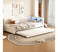 Kelodan Letto giornaliero 90 x 200 cm divano letto USB tipo C luce LED telecomando rete a doghe beige lino senza materasso