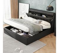 Kelodan Letto idraulico, 140 x 190 cm, imbottito, stile nascosto, spazio per il comodino, in poliuretano, con rete a doghe e testiera senza materasso, colore: nero