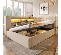 Kelodan Letto imbottito, 140 x 190 cm, illuminazione a LED, letto matrimoniale idraulico, testiera a forma di L, con spazio di archiviazione, montaggio su entrambi i lati, in lino beige (senza