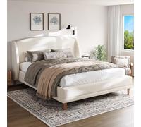 Kelodan Letto imbottito 140 x 190 cm, in tessuto bou esign curvo, testiera con orecchie, base a doghe, piedini in legno di gomma, bianco avorio