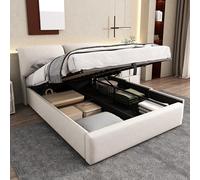 Kelodan Letto imbottito 140 x 190 cm, rete a doghe idrauliche a tre cassetti, cassapanca a doghe con testiera, senza materasso, velluto beige.