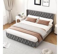 Kelodan Letto imbottito, 140 x 190 cm, rete a doghe, testiera, con bottoni, rivetti, gambe in legno, velluto grigio