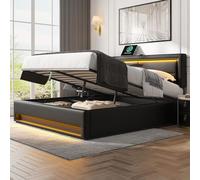 Kelodan Letto imbottito 140 x 190 cm USB LED spazio di archiviazione senza materasso PU - Lychee nero