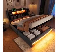 Kelodan Letto imbottito 140 x 200 cm, presa USB-C con funzione di ricarica, colore grigio, con vano portaoggetti, senza materasso, barra luminosa sotto il letto