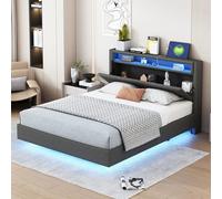 Kelodan Letto imbottito, 140 x 200 cm, presa USB, luce LED, testiera reversibile, poggiapiedi nascosto, letto per ragazzi, letto per adulti, tessuto di lino, grigio