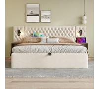 Kelodan Letto imbottito 160 x 200 cm, set completo per camera da letto, letto idraulico, letto matrimoniale con 2 comodini, testiera, luce da lettura con funzione di ricarica USB, velluto beige (senza